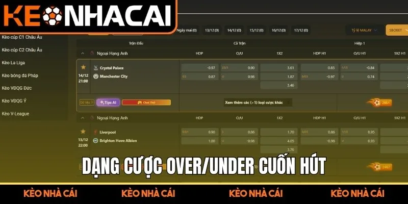 Kèo Ngoại Hạng Anh 2 Dạng cược Over/Under cuốn hút